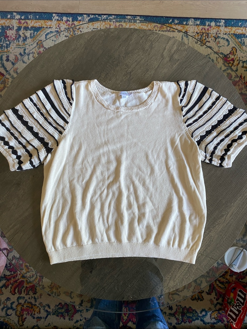 Chico's Cream Crewneck Sweater with Black-Striped Lace Puff Sleeves